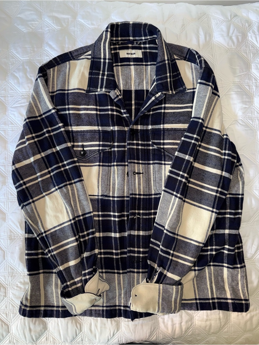 Navy & Cream Plaid Button-Up Shacket by Buck Mason